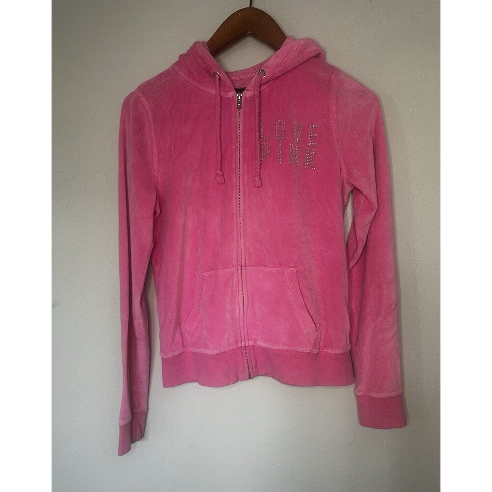 PINK Victoria's Secret Velour Full Zip Hooded Hoodie Pockets Pink Women's M